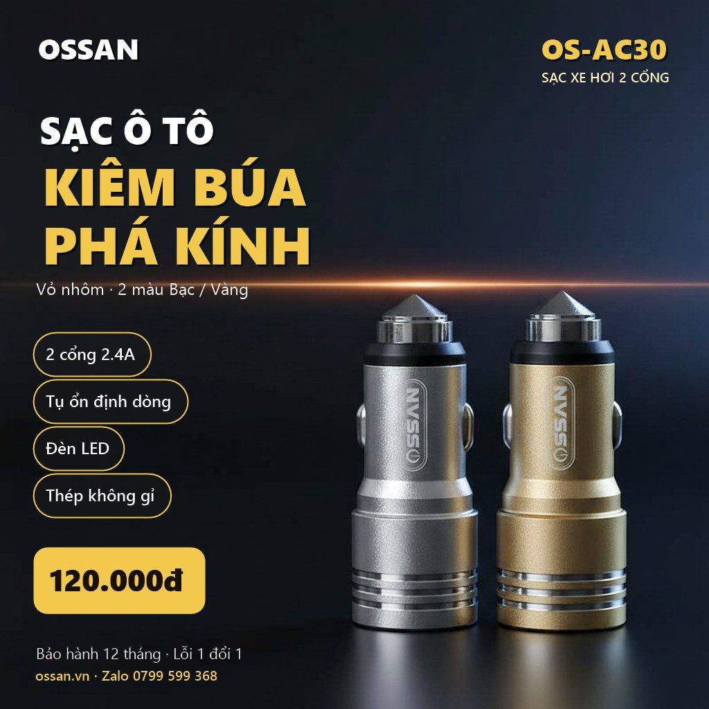 Sạc xe hơi Ossan 2 cổng 2.4A kiêm búa phá kính OS-AC30 - ảnh 3