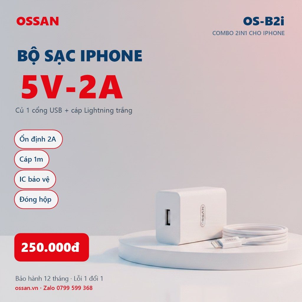 Bộ sạc Ossan cho iPhone củ 5V-2A + cáp Lightning Combo 2in1 OS-B2i - ảnh 3