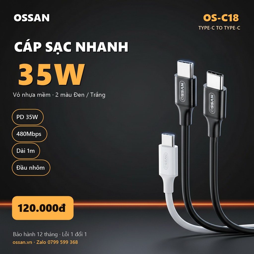 Cáp sạc nhanh Ossan Type-C to Type-C 35W vỏ nhựa OS-C18 - ảnh 3