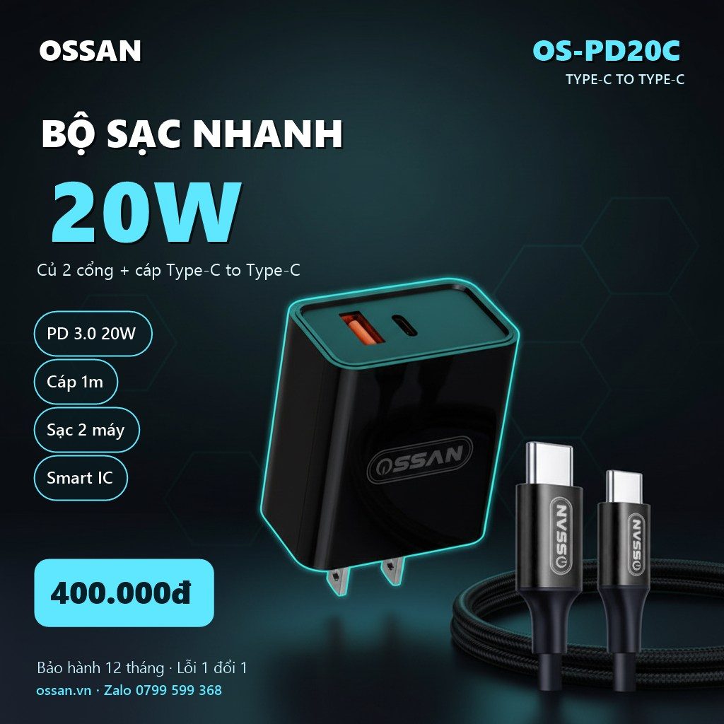 Bộ sạc nhanh Ossan 20W củ 2 cổng + cáp Type-C to Type-C OS-PD20C - ảnh 3