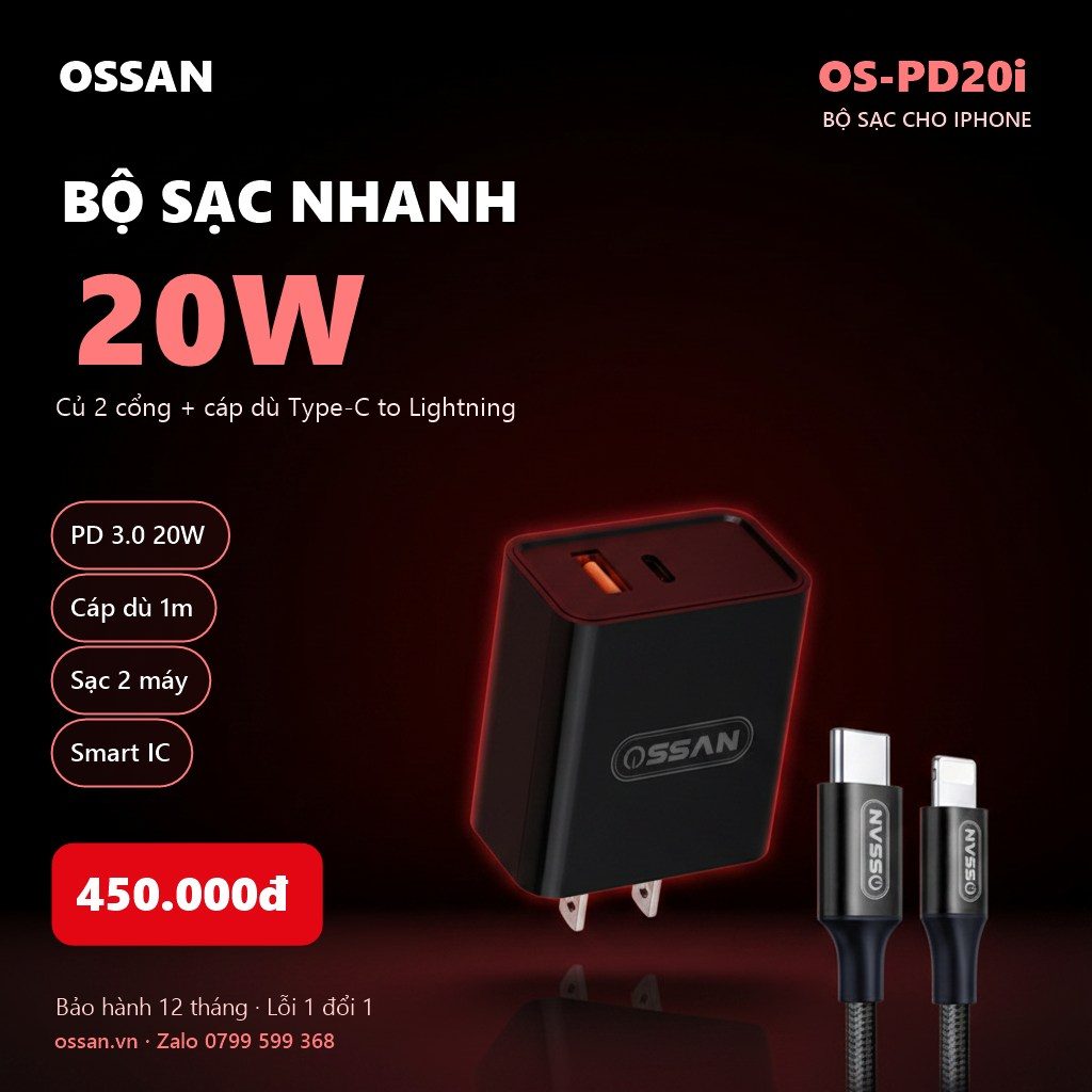 Bộ sạc nhanh Ossan 20W củ 2 cổng + cáp Type-C to Lightning cho iPhone OS-PD20i - ảnh 3