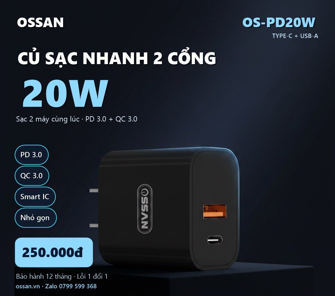 Củ sạc nhanh Ossan 20W 2 cổng Type-C + USB PD 3.0 OS-PD20W - ảnh 3