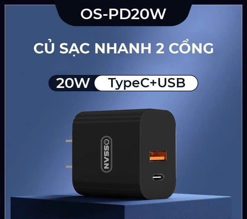 Củ sạc nhanh Ossan 20W 2 cổng Type-C + USB PD 3.0 OS-PD20W - ảnh 6