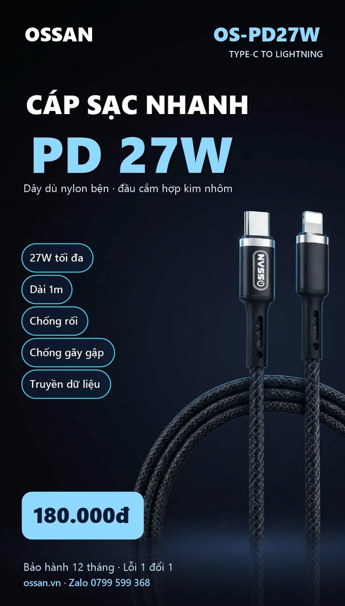 Cáp sạc nhanh Ossan Type-C to Lightning PD 27W dây dù OS-PD27W - ảnh 3